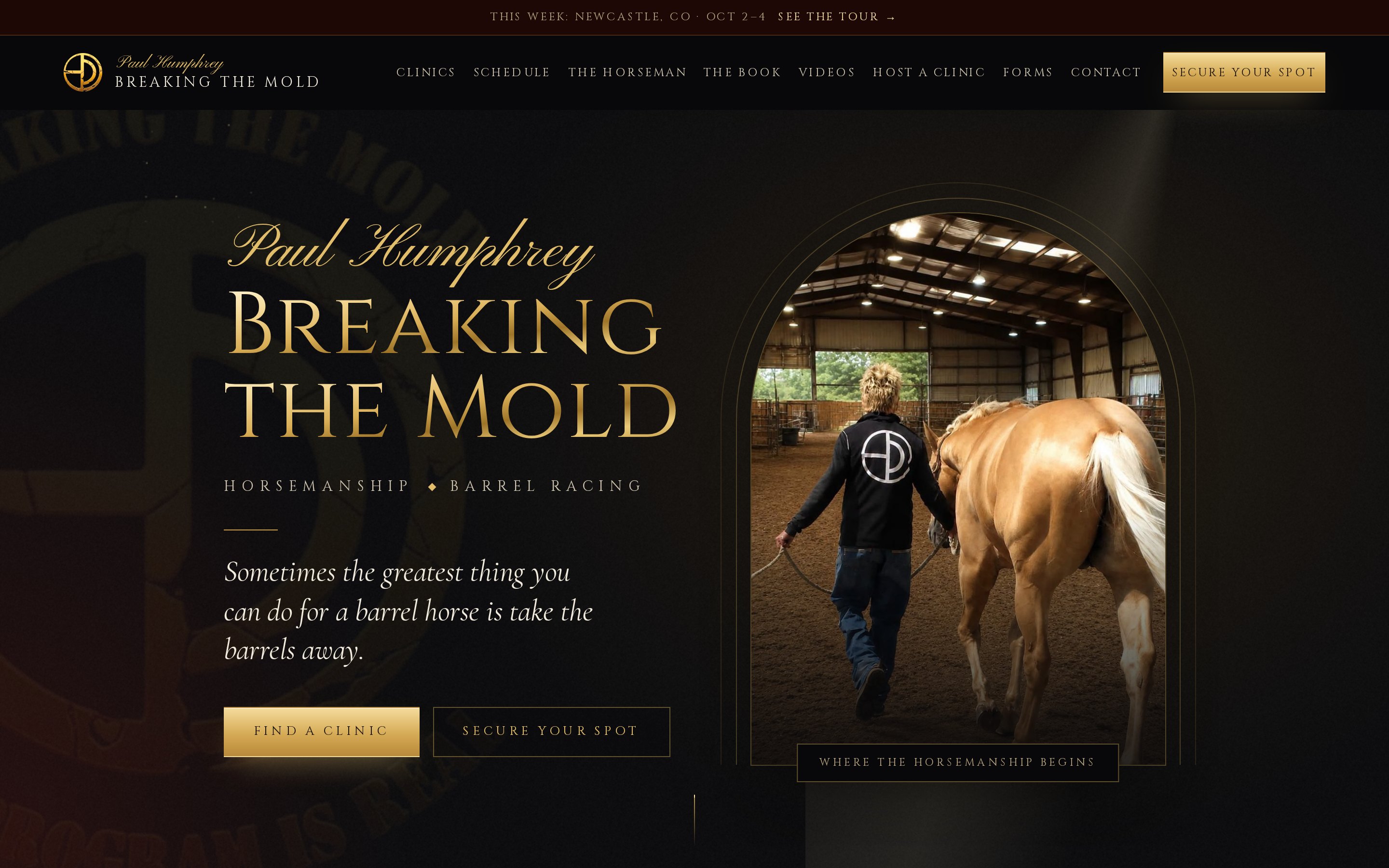 Breaking the Mold with Paul horsemanship and barrel racing clinic website built by Iron Sharp Media