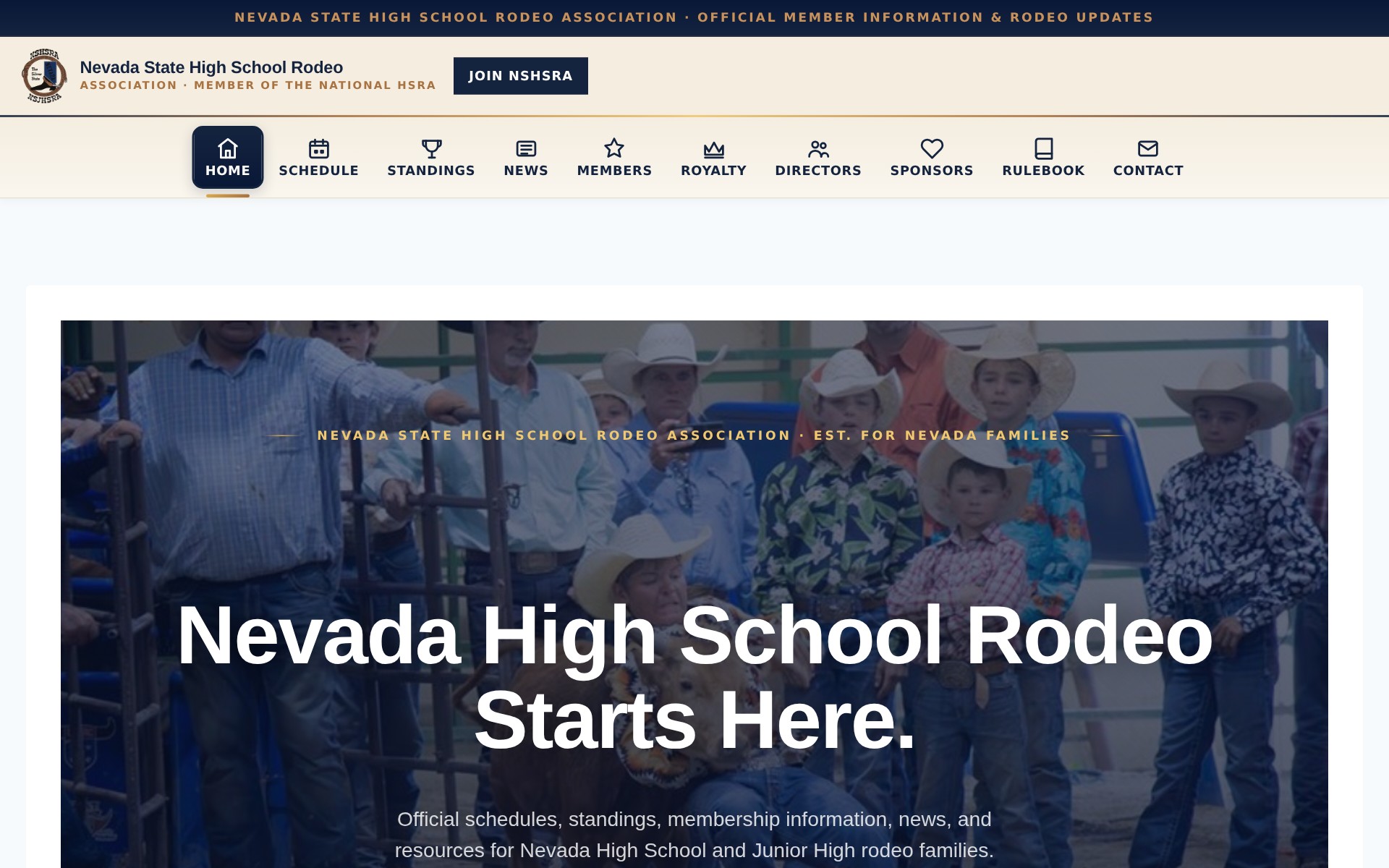 Nevada State High School Rodeo, a state rodeo association website with schedule, standings, membership, and news, built by Iron Sharp Media