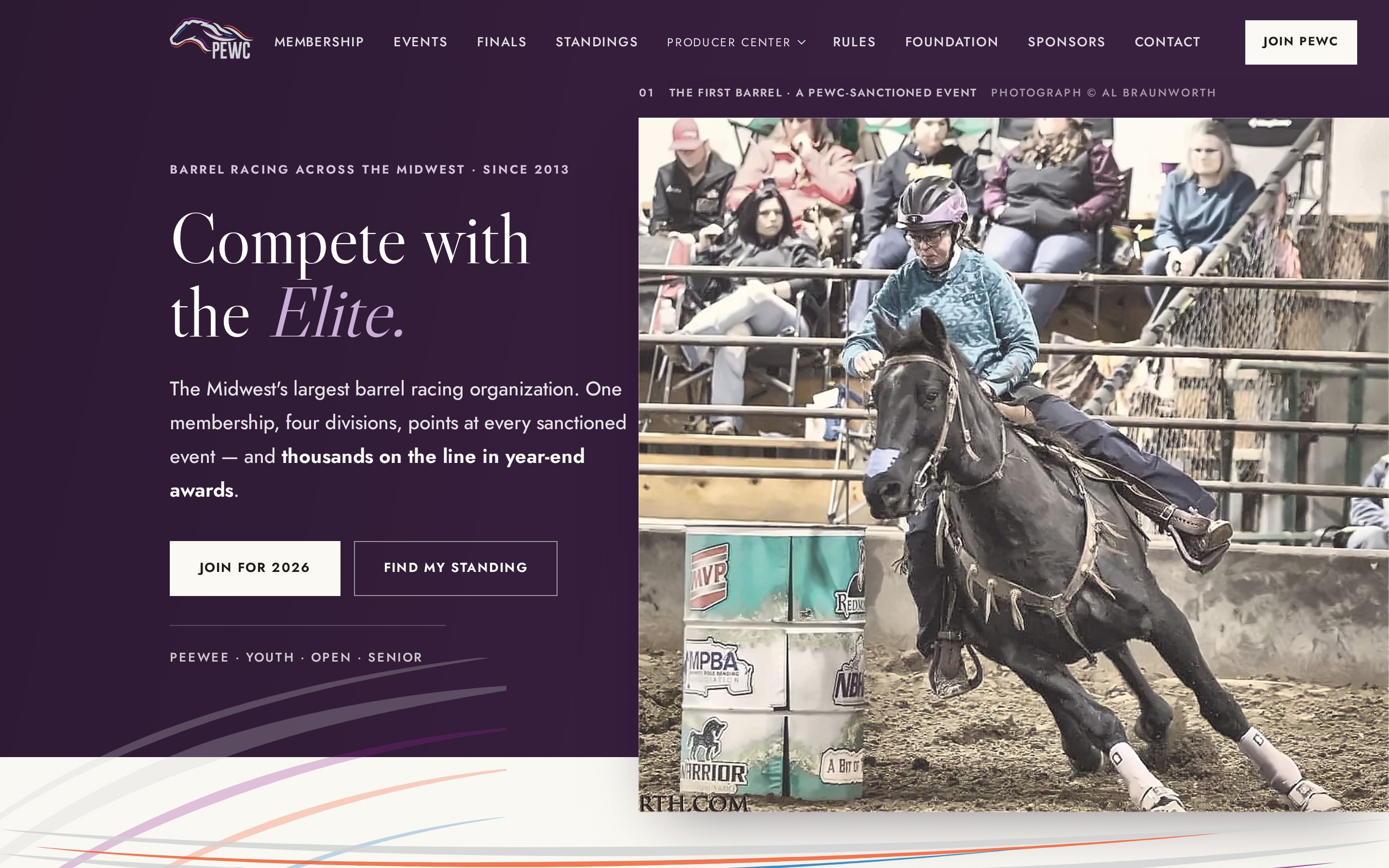 Pro Elite World Challenge barrel racing organization website with memberships and standings, built by Iron Sharp Media
